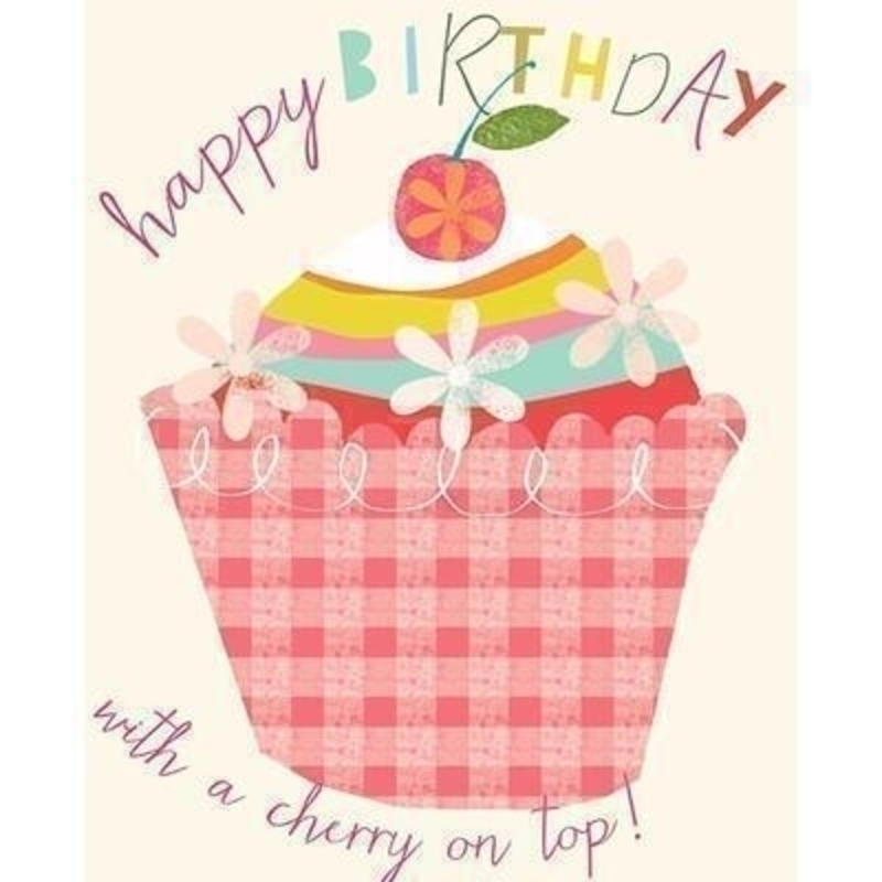 Happy Birthday Cupcake card by Liz and Pip. Embossed Birthday card depicting a cupcake with a cherry on the top. ''Happy Birthday with a cherry on top'' on the front. Blank inside for your own message. 120x150mm